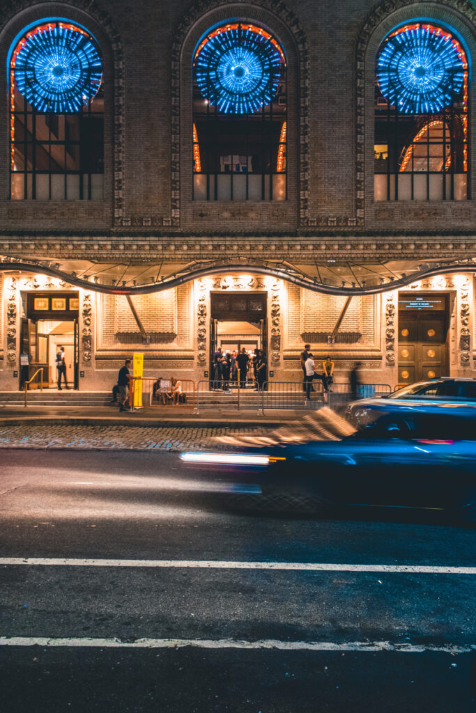 The Peter Jay Sharp building at the Brooklyn Academy of Music at night.