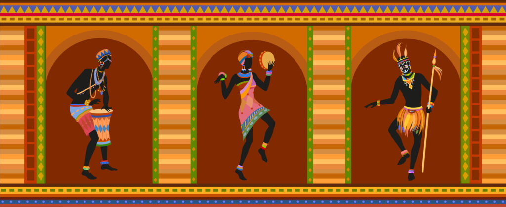 African-inspired art. Black figures in colorful, elaborate dress, dance and drum.