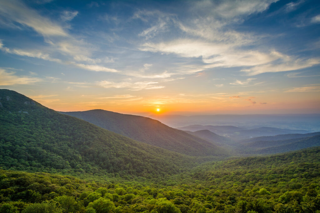 Rugged terrain in Shenandoah Valley at sunset. This is where the Cessna business jet crashed.