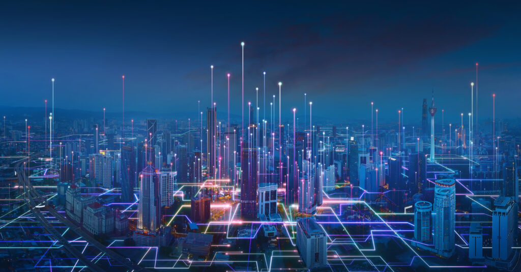 Digital art of a city skyline.