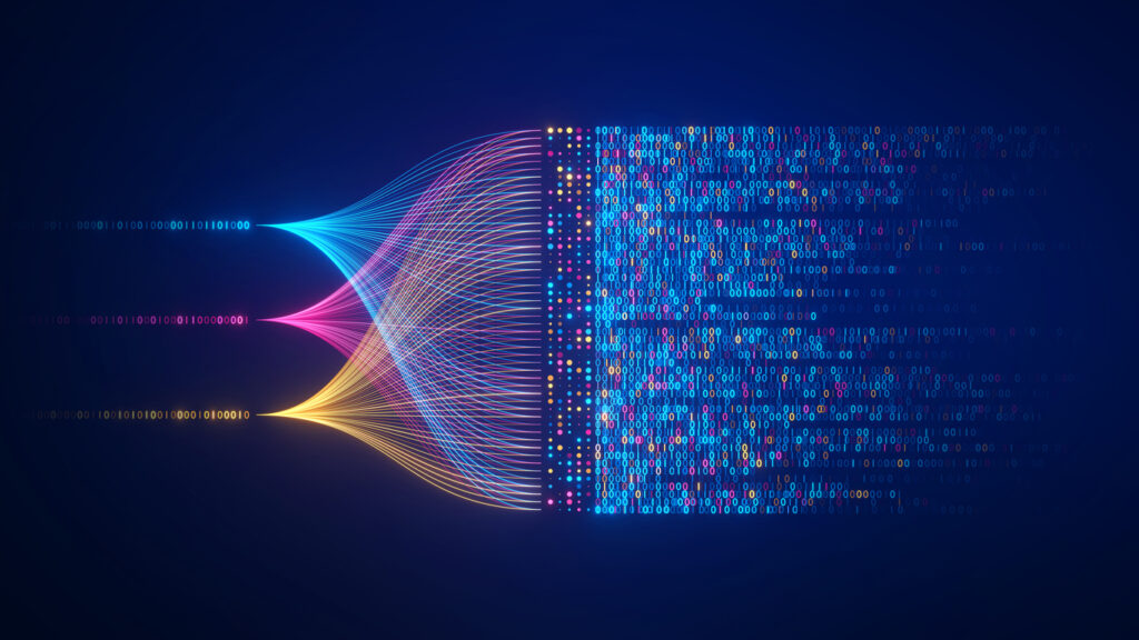 Digital art showing three streams of cyan, magenta, and yellow binary codes weaving together. Learn about coding at MODE, the Museum of Digital Experiences.