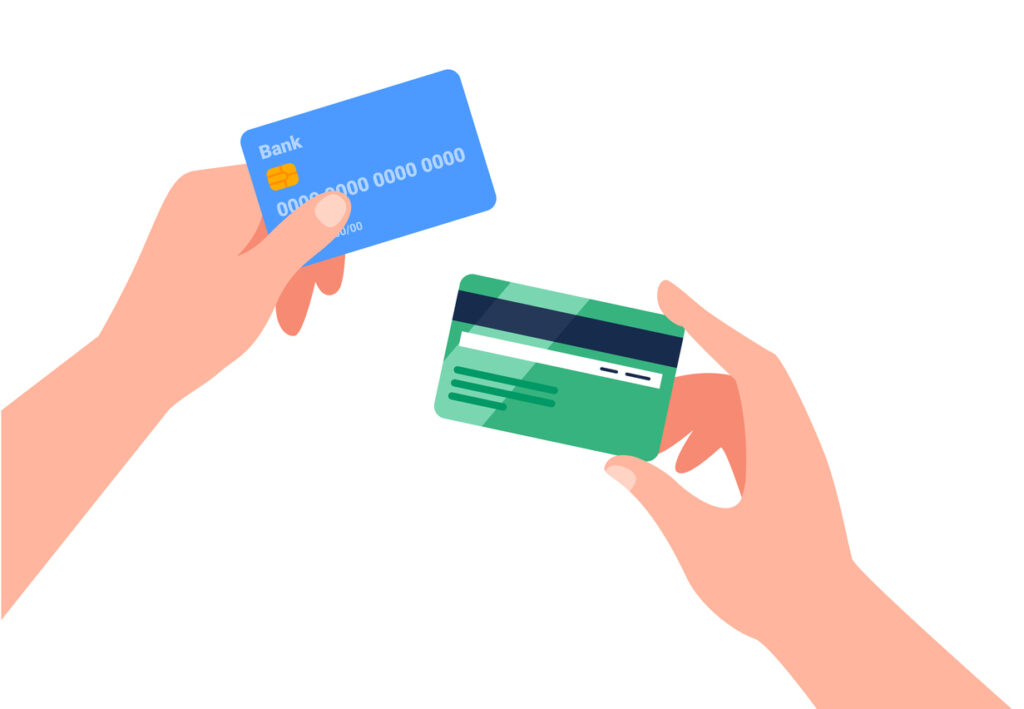 A design graphic of two pinkish hands holding a blue credit card and a green one. The credit card's history is fun and troublesome.