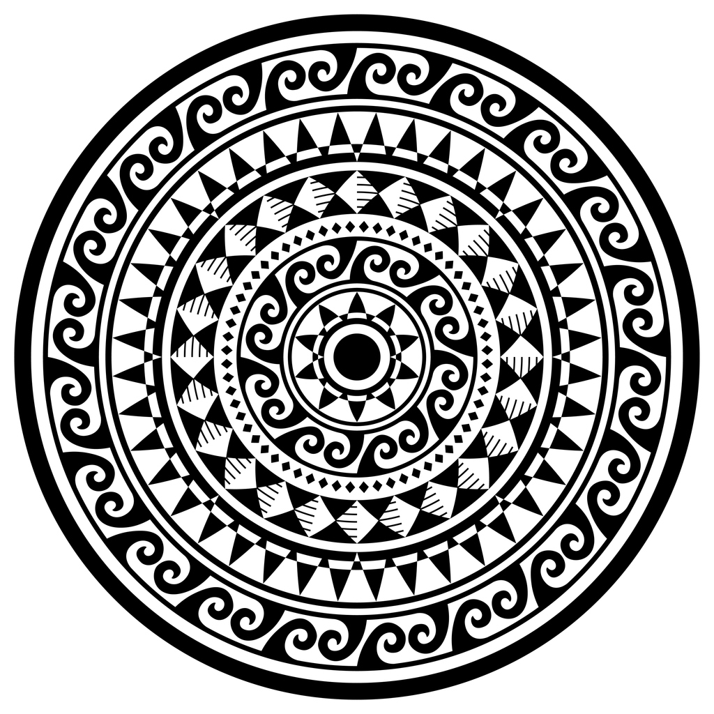 A mandala in black and white, displaying popular Polynesian motifs.