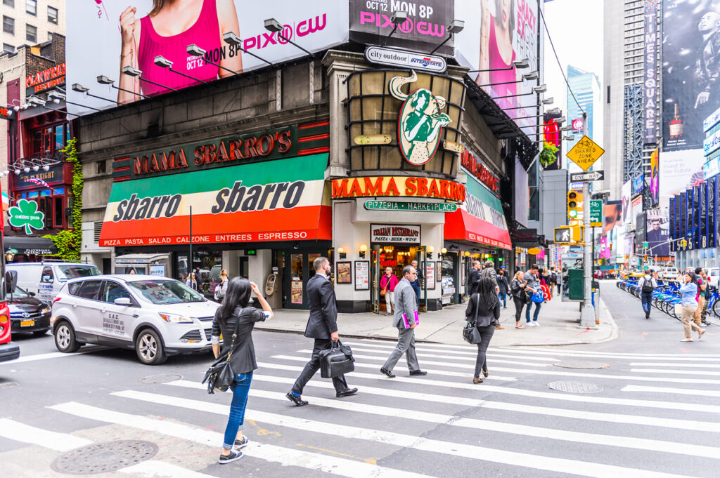 A picture of a Sbarro restaurant in Times Square, NYC. 