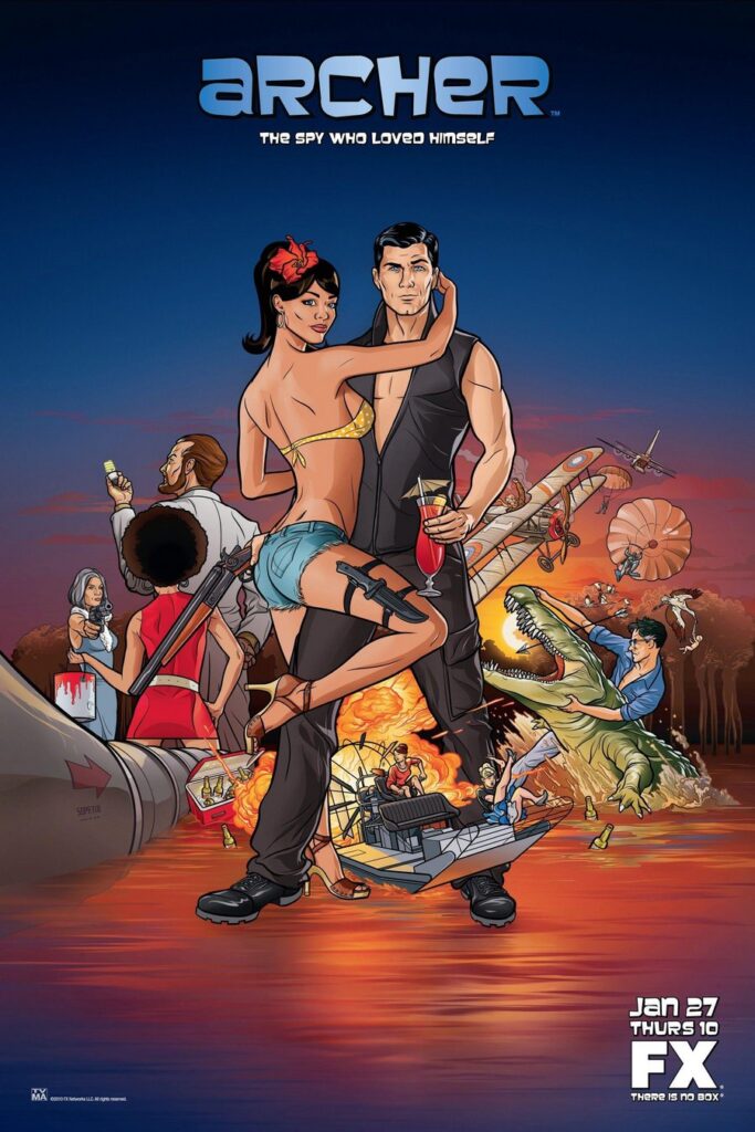 A promotional ad for dark-humored Archer. Lana is caressing Sterling Archer as Cyril wrestles and alligator in the background.