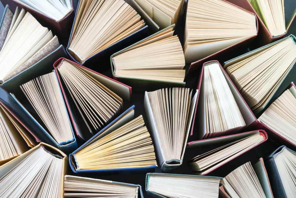 Books, books, and more at the Brooklyn Book Festival to feed your head! A photo from above of books partially open.