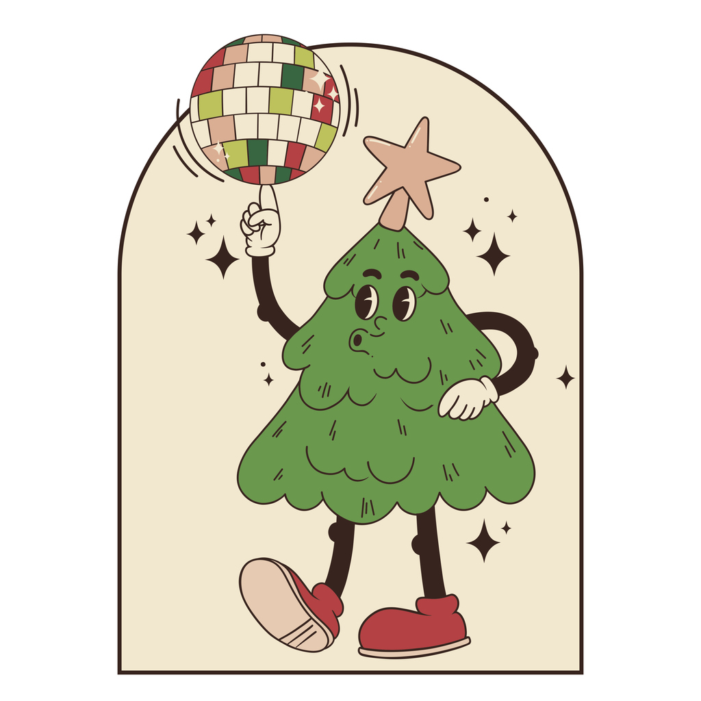 A cute Christmas tree cartoon spins a disco ball on a finger and getting its holiday spirit on!