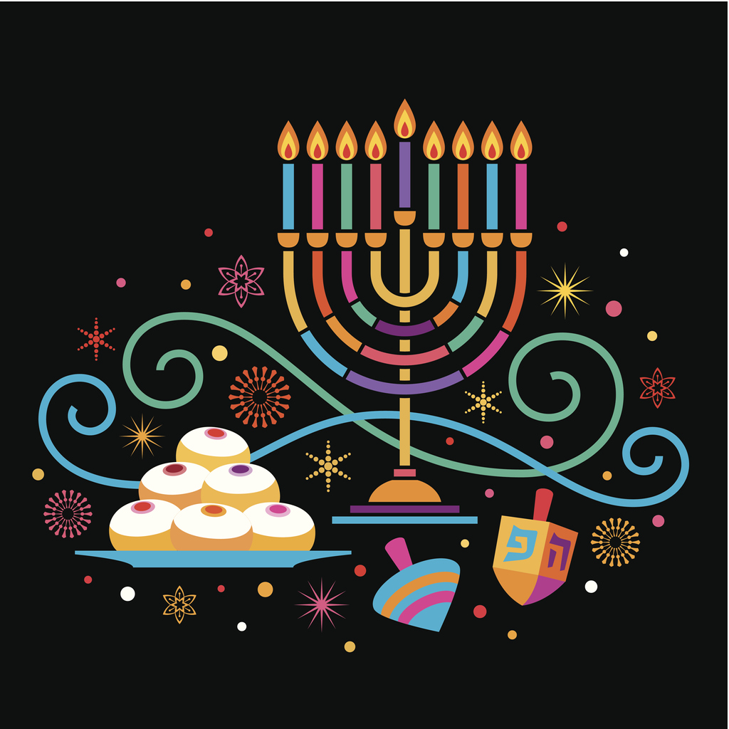 Colorful Chanukah graphic art over a black background captures the Hanukkah spirit.