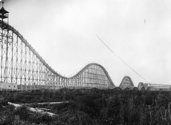 One of the early roller coasters of Brooklyn's amusement parks, the Chase through the Clouds.